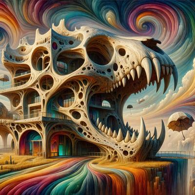 The primary subject of the image is a large, colorful, and intricately designed building with a unique and whimsical appearance. The building features a combination of natural elements, such as a tree and an umbrella, as well as a large, open mouth. The setting is a lush, vibrant landscape, with a sky visible in the background. The visual style of the image is a mix of digital art and illustration, creating a surreal and imaginative atmosphere. The colors and mood of the image are predominantly bright and cheerful, with a sense of playfulness and creativity.